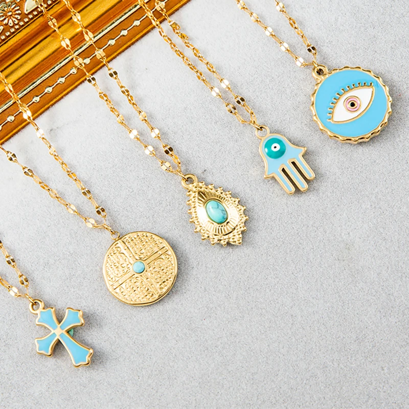 

Blue Dropping Oil Evil Eye Cross Pendant Stainless Steel Gold Plated Necklace for Women Chains Chokers Vintage Fashion Jewelry