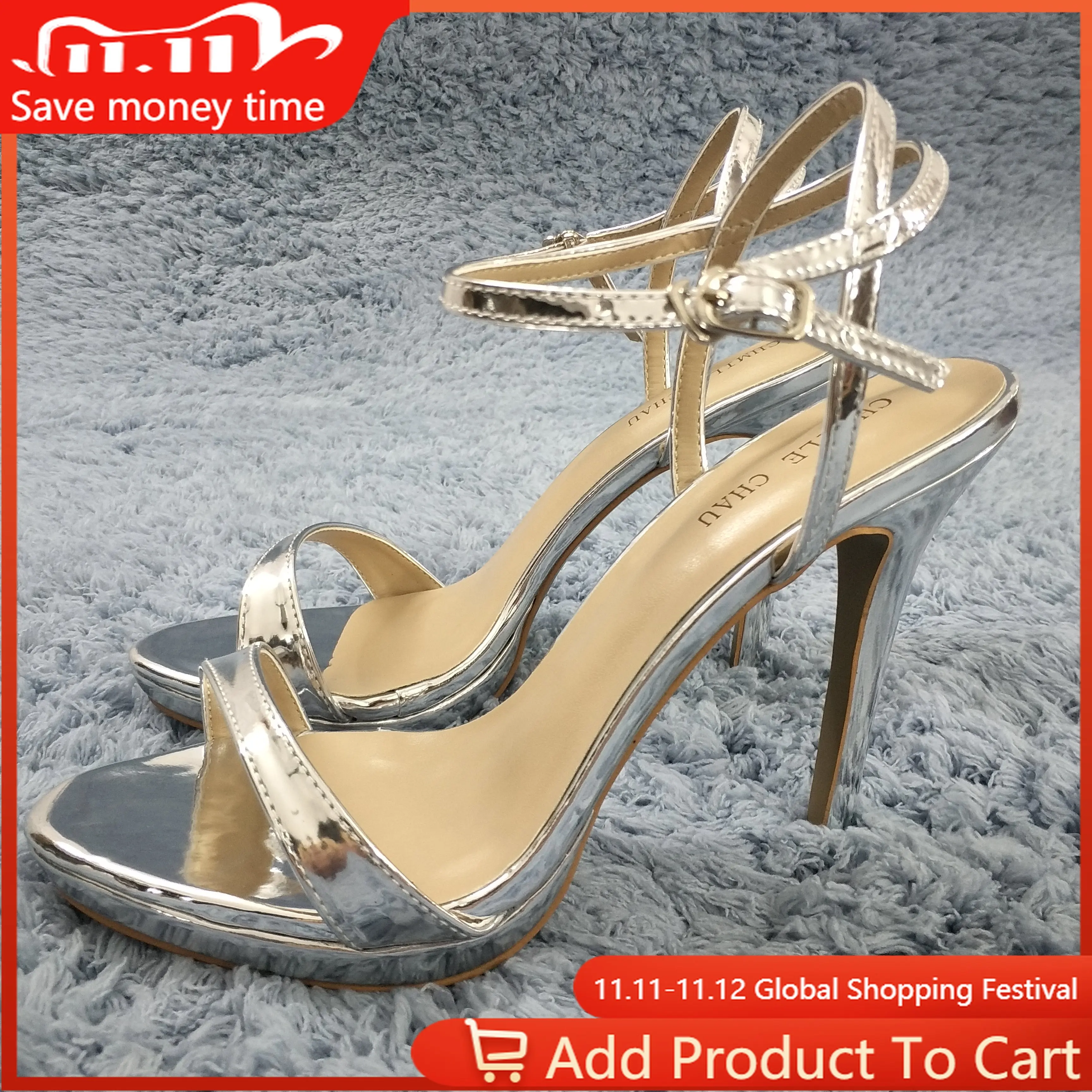

Women Stiletto Thin High Heel Sandals Sexy Ankle Strap Open Toe Silver Patent Fashion Party Bridals Ball Lady Shoe 0640ASL-a