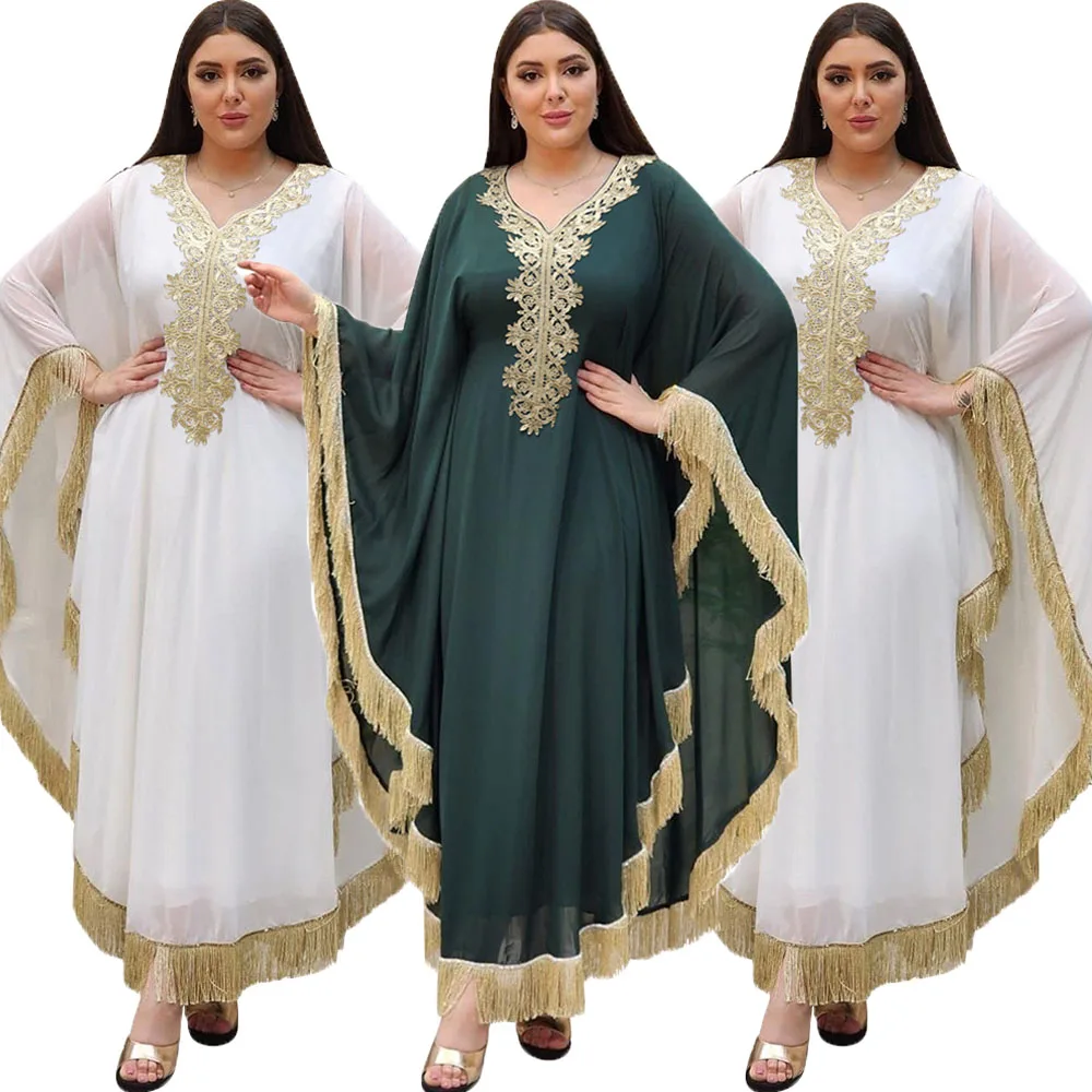 

Летнее шифоновое платье-макси с кисточками и рукавом летучая мышь