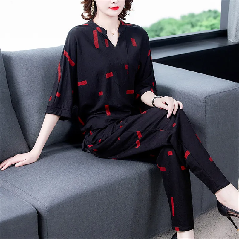 

New Fashion V Neck Half Sleeve Shirt Harem Pants Suit Loose Middle-Aged Elderly Mother Two-Piece Set Womens Outifits M-4XL