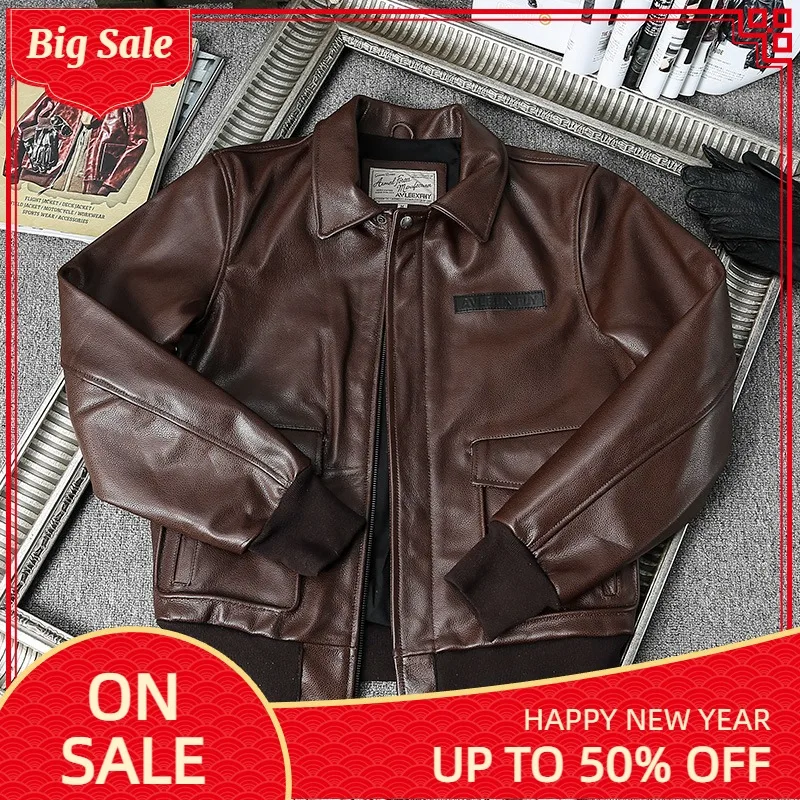 

2021 Brown Genuine Leather Jacket Men Military Style Plus Size 3XL Real Natural Cowhide Autumn Slim Fit A2 Pilot Coat