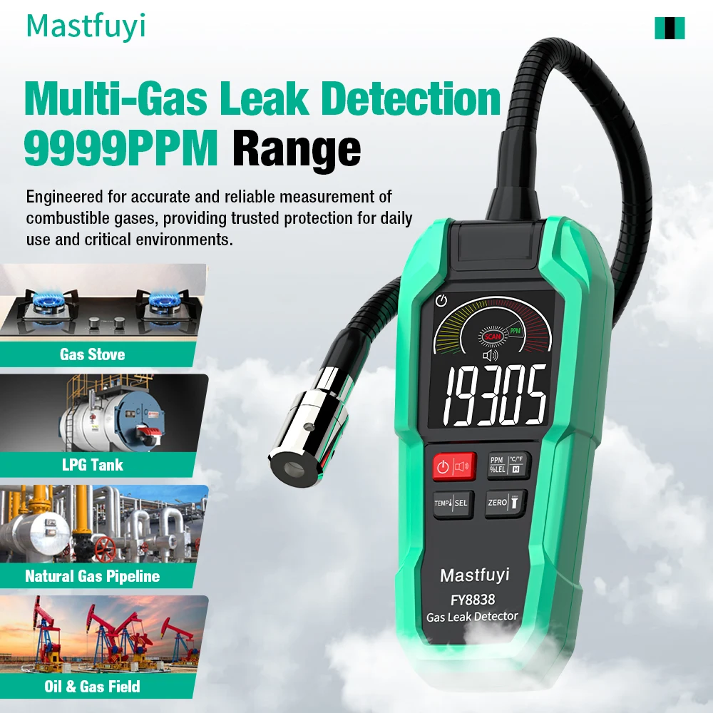 Фото MASTFUYI FY8838 Профессиональный детектор утечки газа 0-9999PPM - Портативный детектор горючего газа для метана LNG Аудио Визуальная сигнализация №1