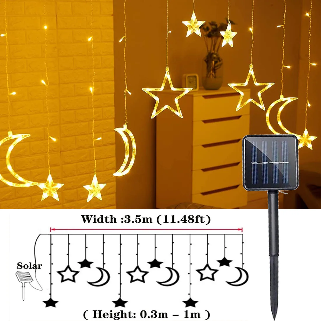 

Solar EU/USB Plug LED Pentagram Moon Fairy Curtain String Lights Christmas Garland Lamps for Holiday Wedding Party Window Decor