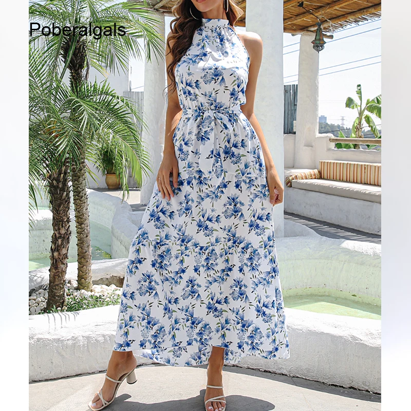 

Elegant Fashion Floral Print Sexy Dress for Women Summer Dresses 2022 New Casual Halter Lace-up Backless Holiday Slim Long Dress