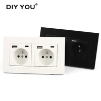 fr standard with type c usb wall double power socket white black pc panel 5v 2100ma with usb ports home 146mm86mm power outlet