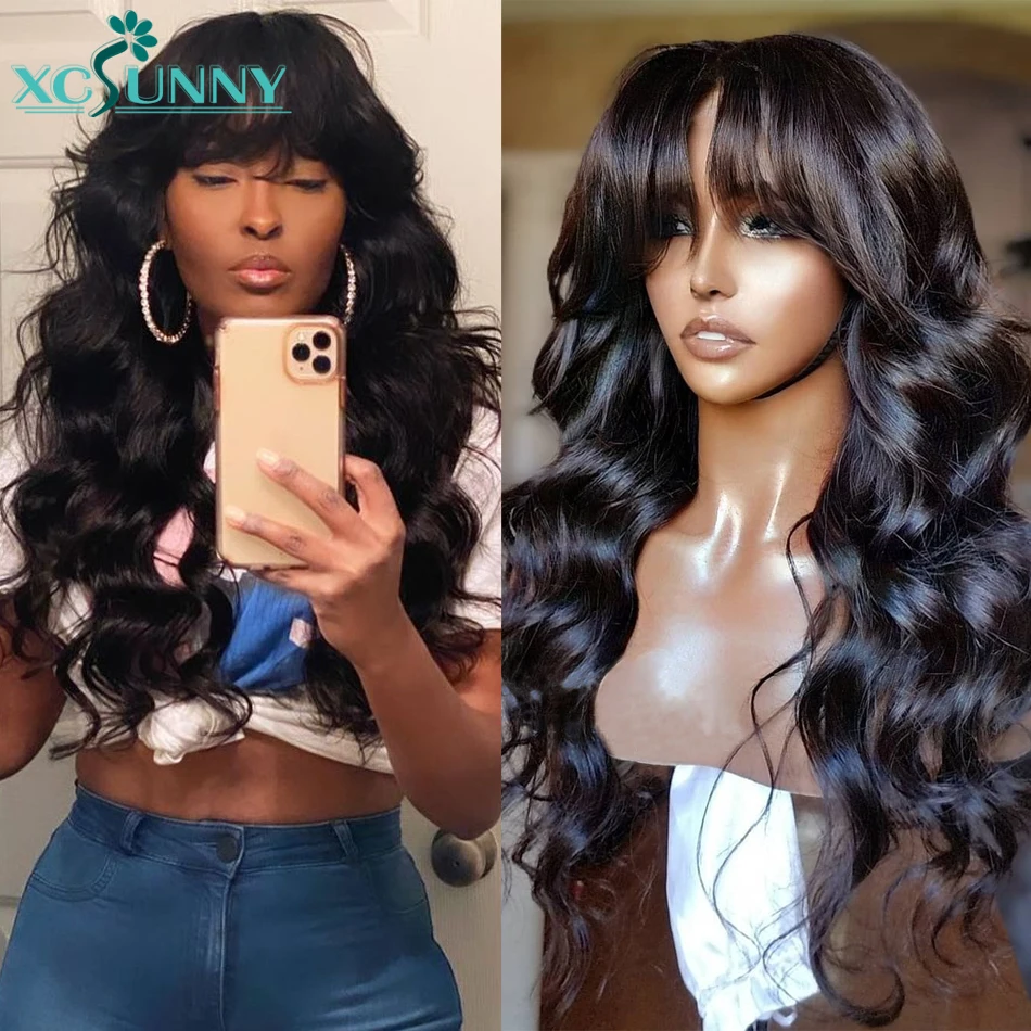 Body Wave Wig With Bangs Remy Brazilian Bangs Wig Human O Scalp Top Full Machine Made Wig Wavy Human Hair Wig For Women Xcsunny