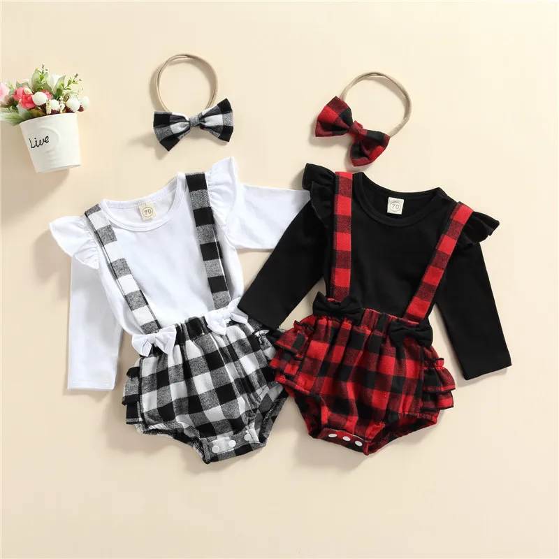

Infant Long Sleeve Romper + Suspenders Shorts + Bow Headband Outfit 0-18 Month Plaid Print Ruffle Decoration Spring Clothing