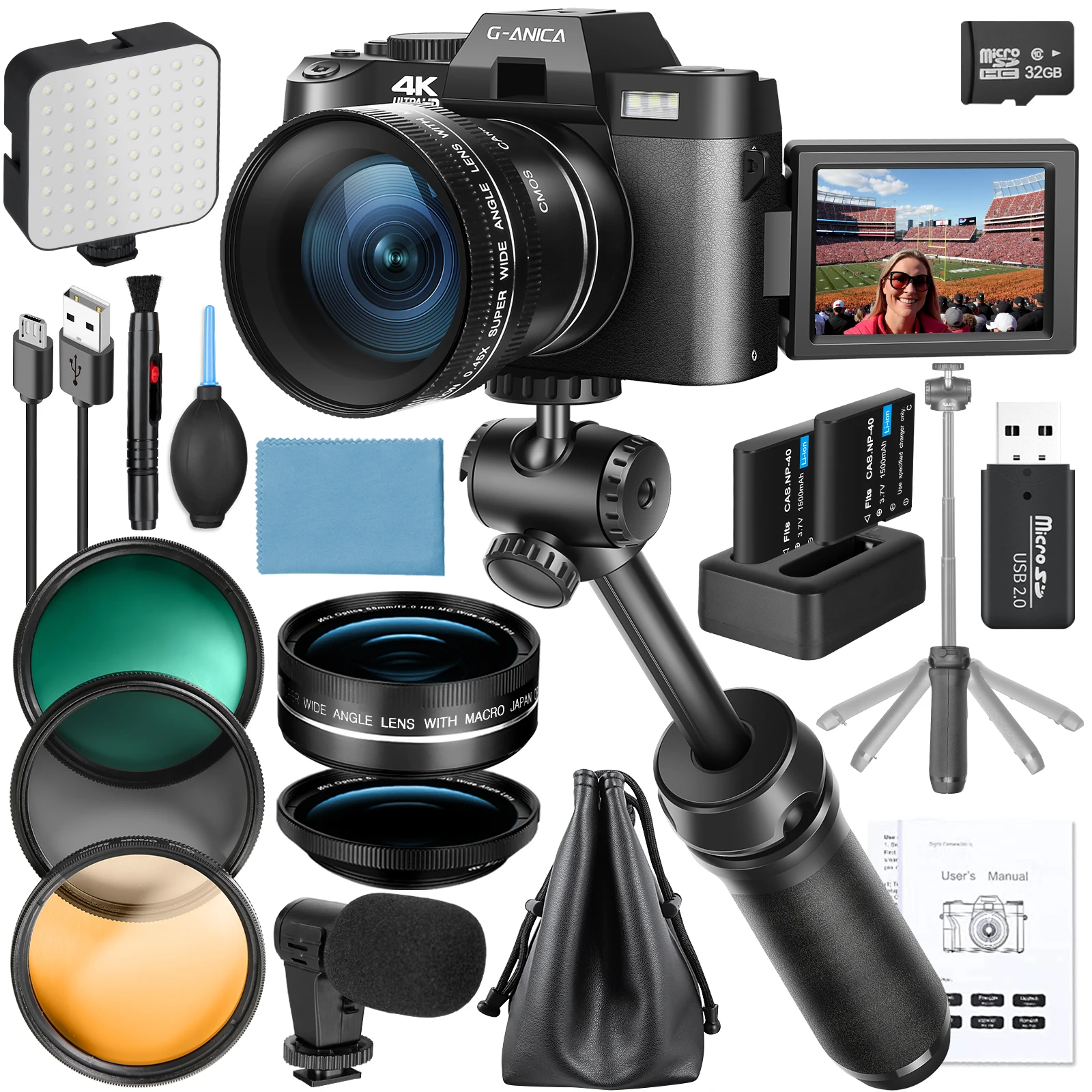 

Цифровая камера G-Anica 4K для фотосъемки, видеокамера 48 МП для Youtube с микрофоном, Wi-Fi, трехцветный фильтр и штатив с рукояткой