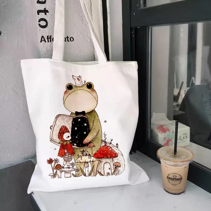 

Fashion Funny Frog Print Canvas Shoulder Tote Bag for Women Handbags Eco Reusable Shopping Bag Vintage Fashion Ulzzang Bags
