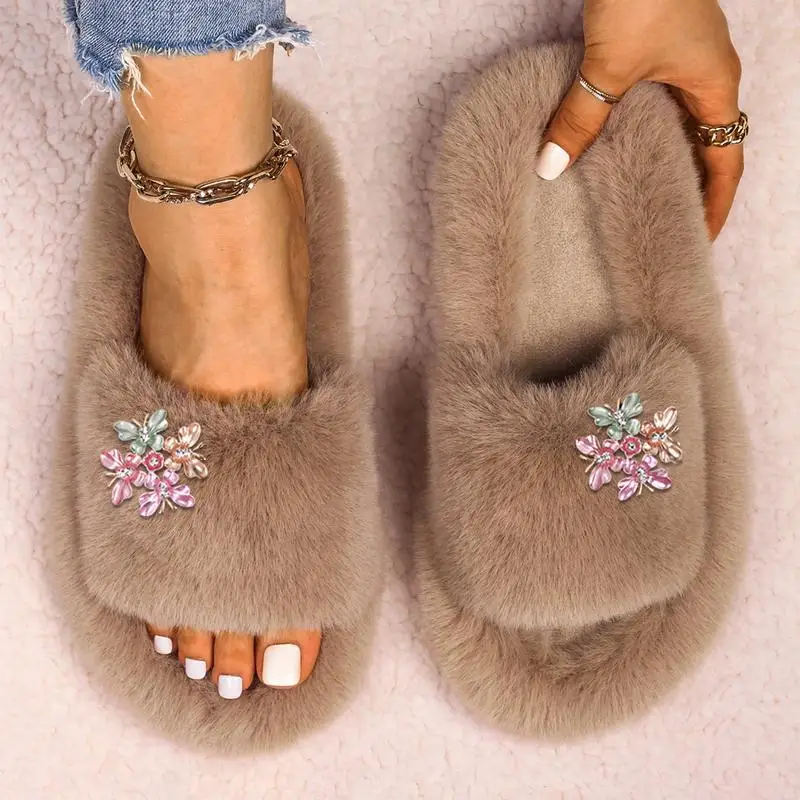 Winter Autumn Flip Flops Women Soft Comfortable Home Shoes Alloy Colorful Leaves Female Slippers Flats Faux Fur Furry Slides