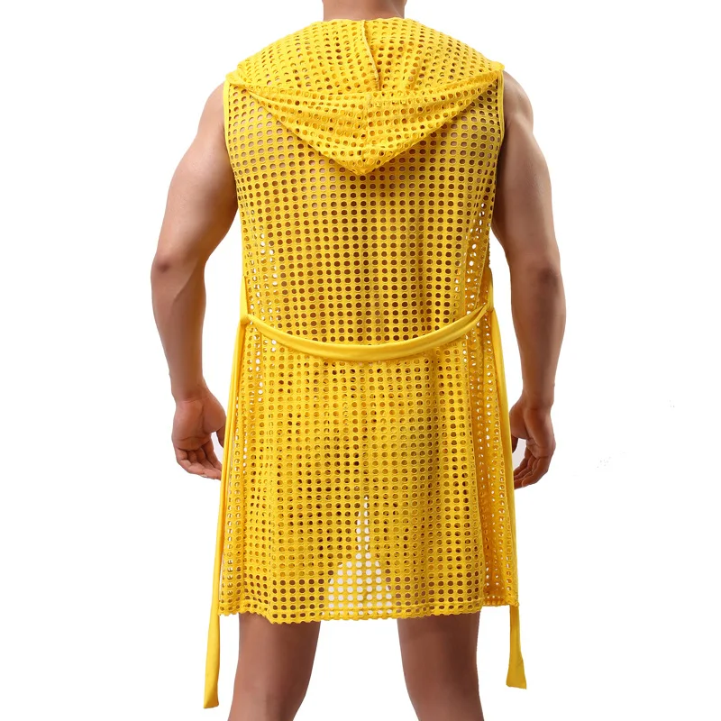 Men Underwear Sleep Tops Sexy Pajamas Male Bathrobe Home Wear Casual Loose Sleeveless Hooded Frenulum Sleepwear Kimono