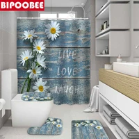 White Flowers Shower Curtains for Bathroom Decor with Hooks Blue Wood Grain Bath Mats Rug Toilet Lid Cover Floor Non-slip Carpet