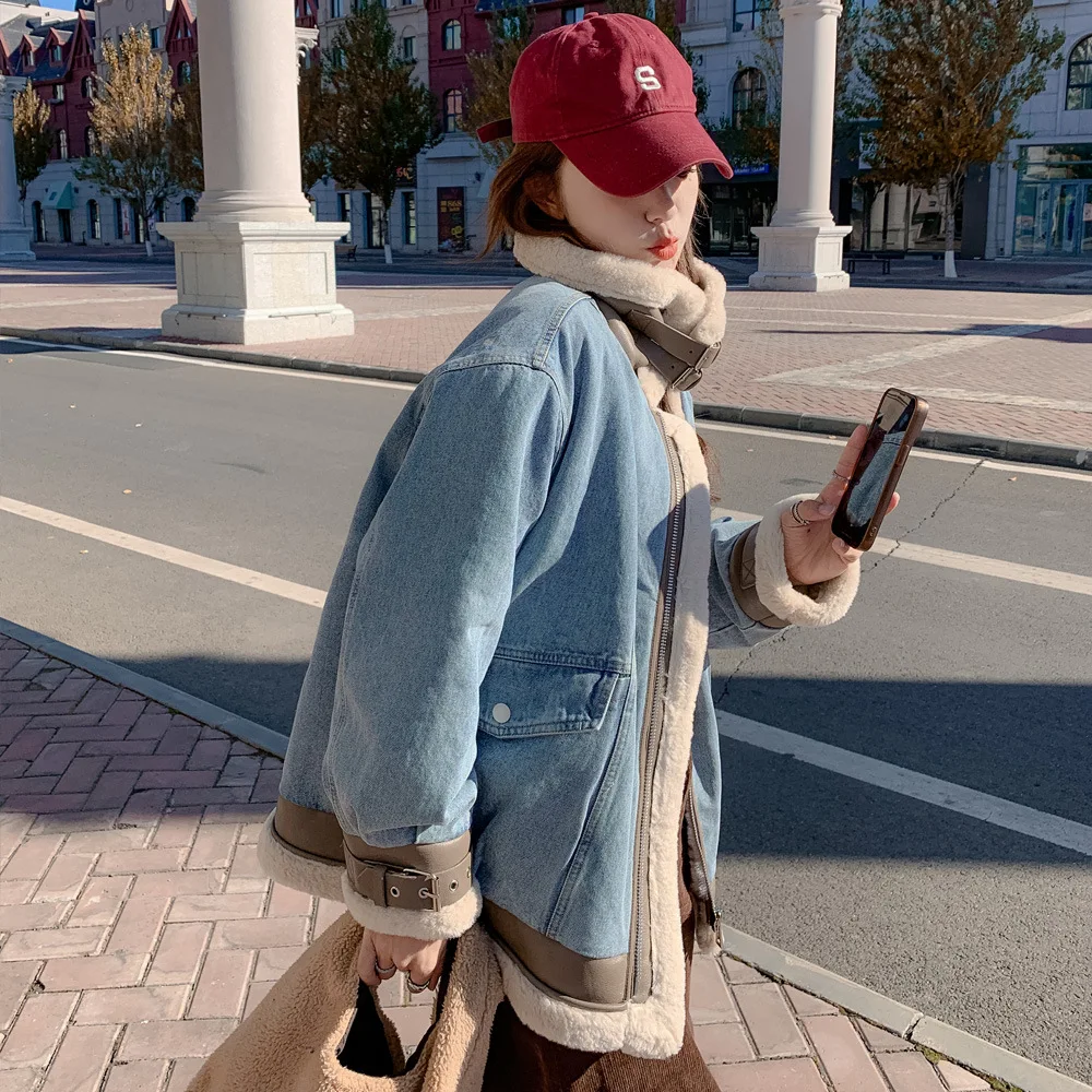 Lamb wool pie overcame cashmere denim coat women's winter loose thickened casual cotton coat