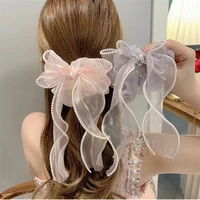 new sweet pearl bow organza streamers hair scrunchies soft gauze ponytail elastic hair rope women girls hair accessories