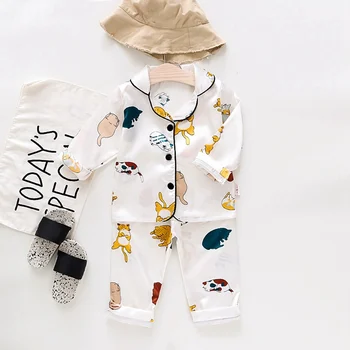 Children's Satin Pajamas Set Autumn Cartoon Print Long Sleeve Pyjamas Baby Boy Girls 2pc Nightgown Casual Toddler Sleepwear 1