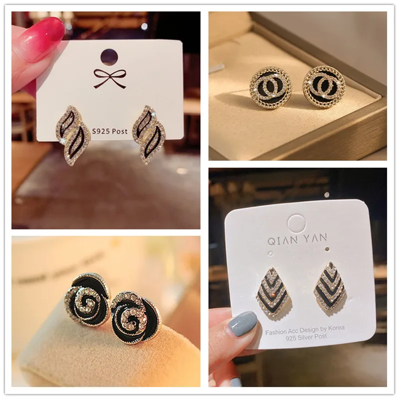 

New Black Crystal Stud Earrings Korean Fashion Women's Earrings Rhombus Rhinestone Earrings for teens bijoux femme luxe