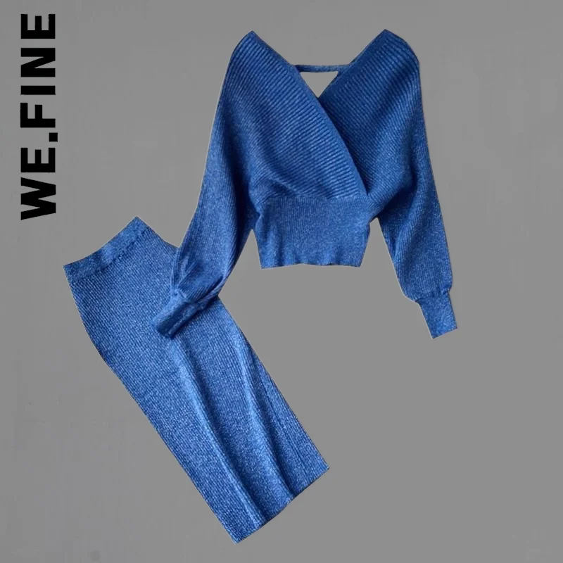 

We.Fine New Women Set V-neck sweater bat sleeve high waist Midi Dress Sportswear Chic Two Piece Set Slim Sweatsuits Female