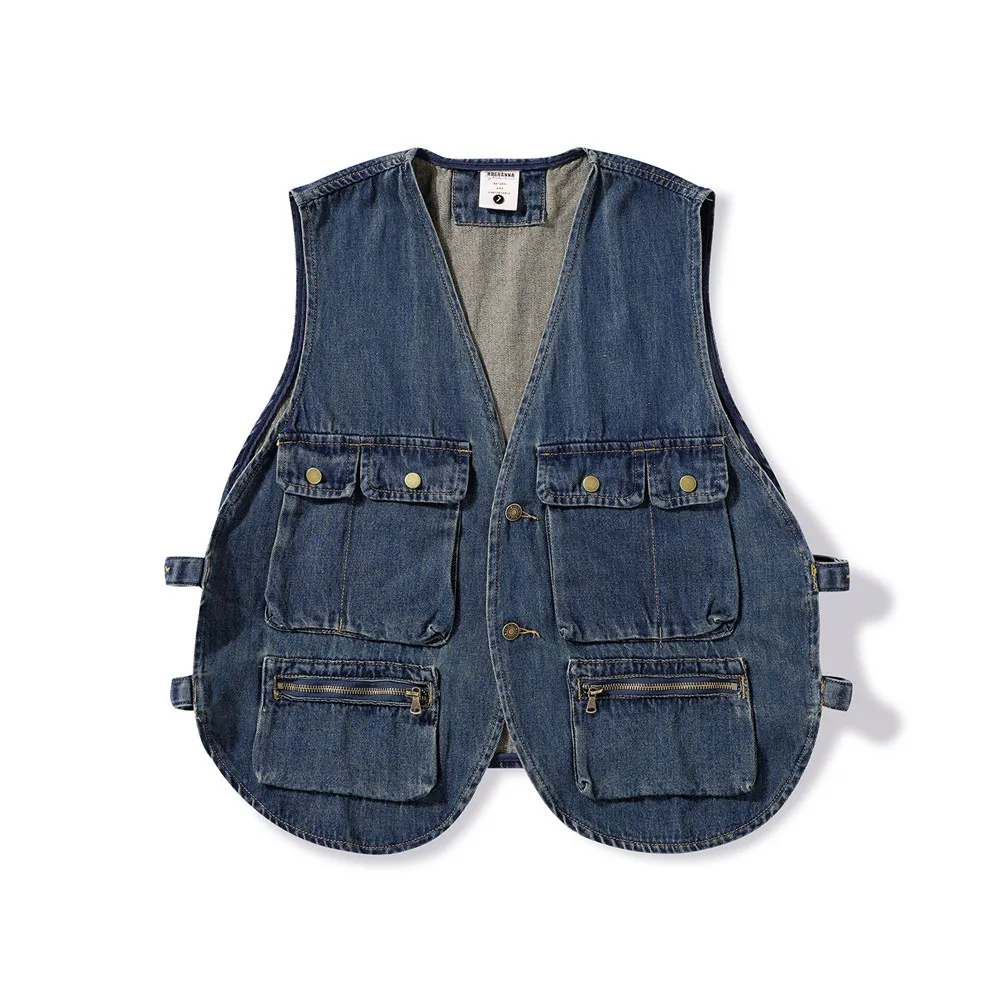 

Men's Fashion Multi Pocket Jeans Vest V Neck Sleeveless Jacket Casual Loose Denim Vest Outdoor Fishing/Hunting Wear