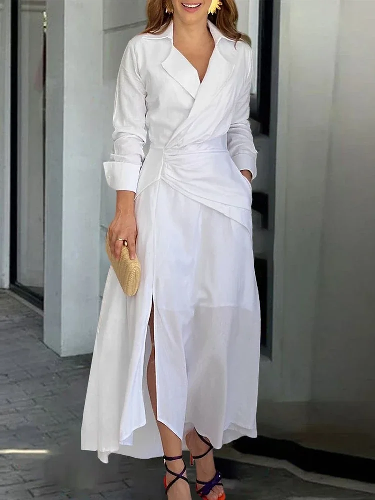 Женские платья с длинным рукавом и отложным воротником однотонное асимметричное