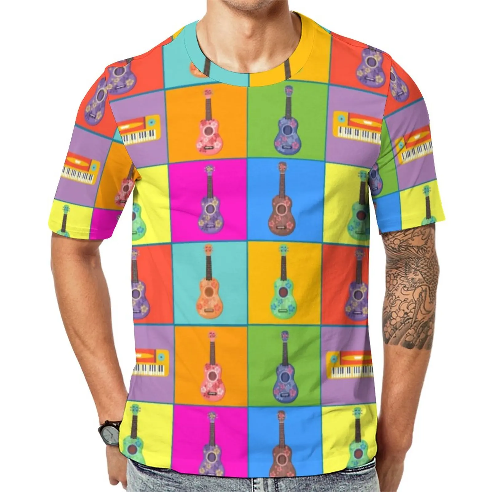 

Красочная футболка для музыки, мужские смешные футболки с рисунком поп-укулеле, оригинальные женские топы большого размера с коротким рукавом и графическим рисунком