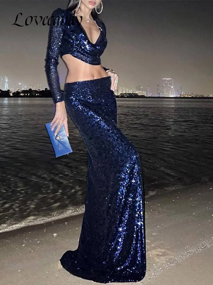 

Женский комплект из топа и юбки, комплект из двух предметов с блестками и длинным рукавом, сексуальный костюм с укороченной рубашкой и расклешенным воротником и юбкой макси, Модный женский костюм для вечеринки и клуба