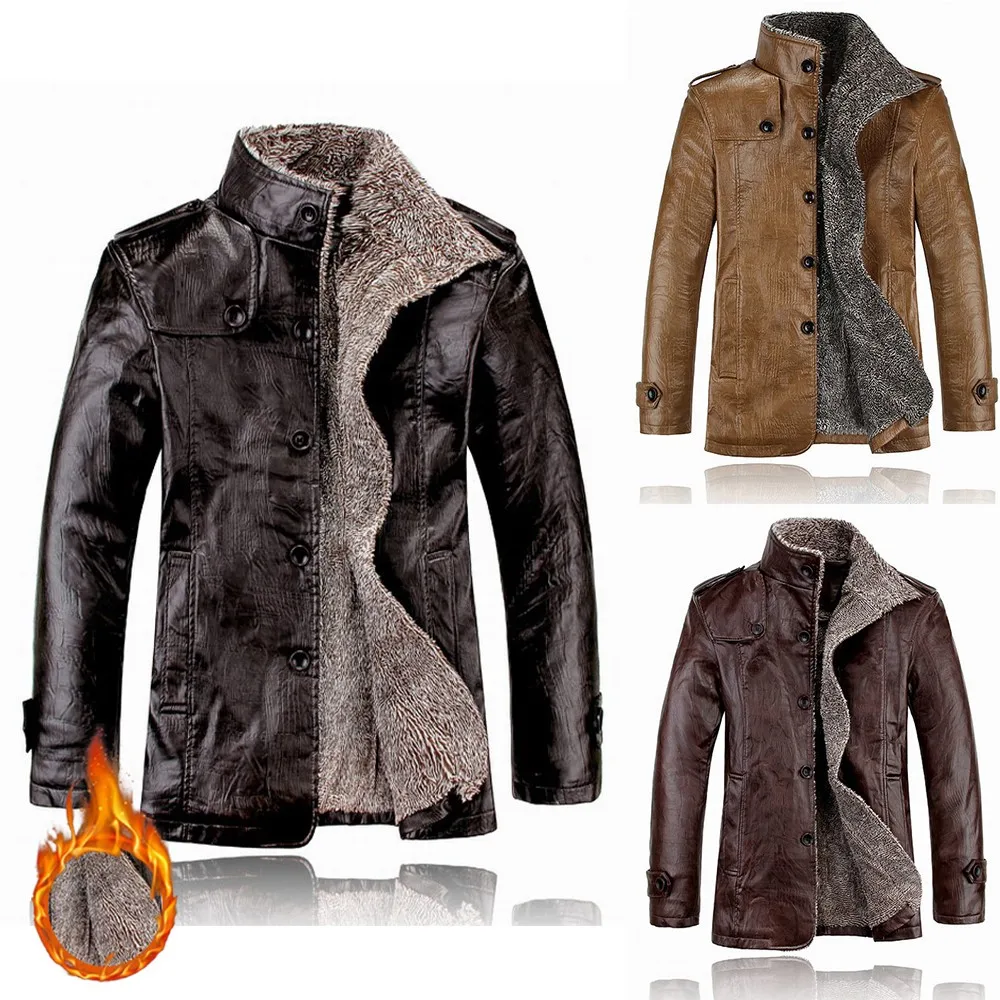 

Mens Winter Warm Fleece Fur Lined Trench Coat Thermal Fabulous Wear Resistant Men Jacket Faux Leather Jacket Lapel Thicken Coat