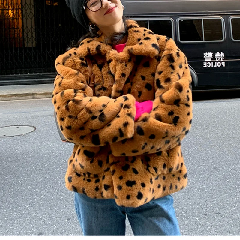 Harajuku Plush Winter Clothes New Faux Fur Leopard Print Fur Coat Fur One Female Furry Cardigan Coat Lamb Hair Fur Jacket Women