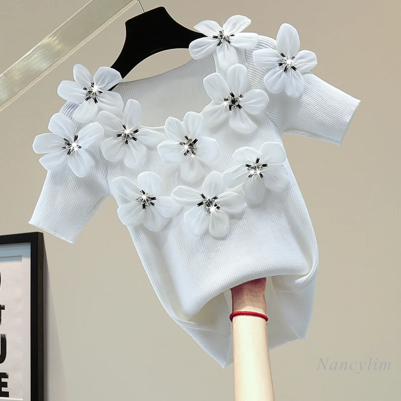 

2022 Exquisite Flowers Short Sleeve Knit T-shirt for Women Summer Top Korean Style Slimming Beads Rhinestones Casual All-Match T