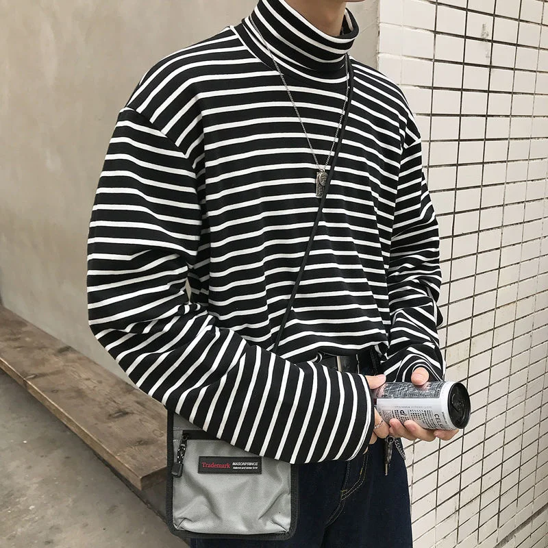 Harajuku Loose Fit Striped Tshirt Men Turtleneck Pocket Oversized T Shirt For Autumn Winter Clothing Camisas Casual Top | Мужская одежда