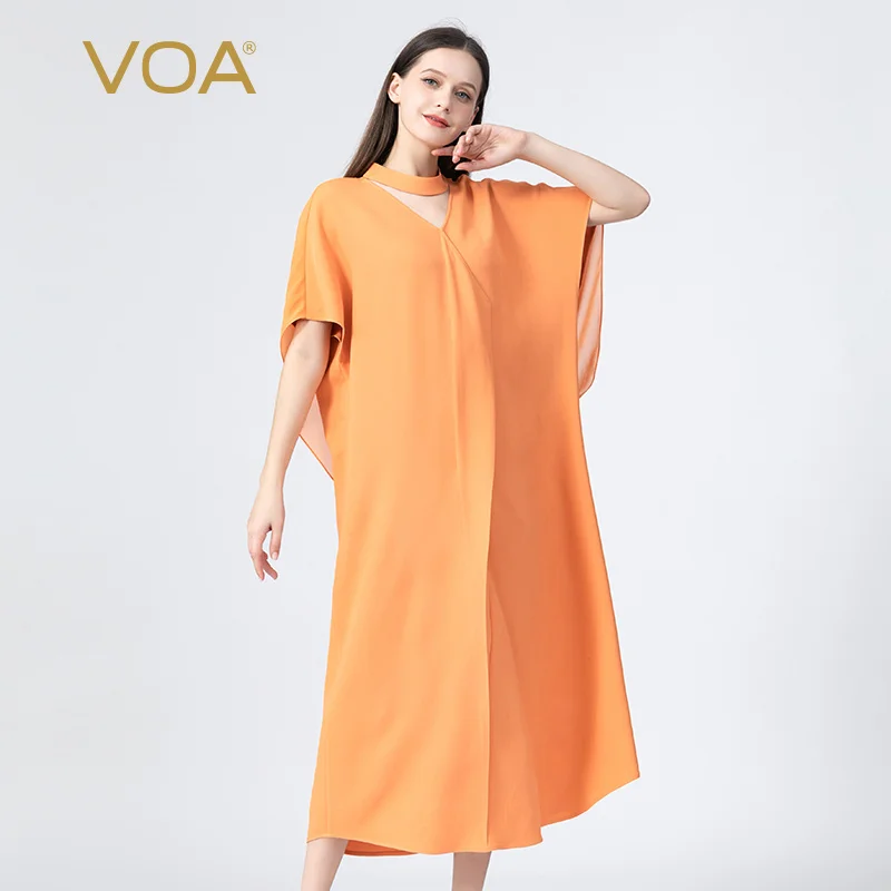 

VOA Streetwear Batwing Sleeve Marigold Orange Silk Woman Dress Summer Simple Loose Plus Size 4XL Long Party Dresses Chic AE1136