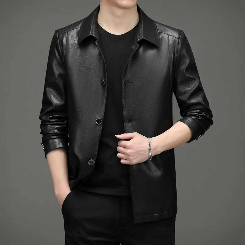 Men's leather coat spring new Haining leather coat middle-aged men's lapel single leather jacket