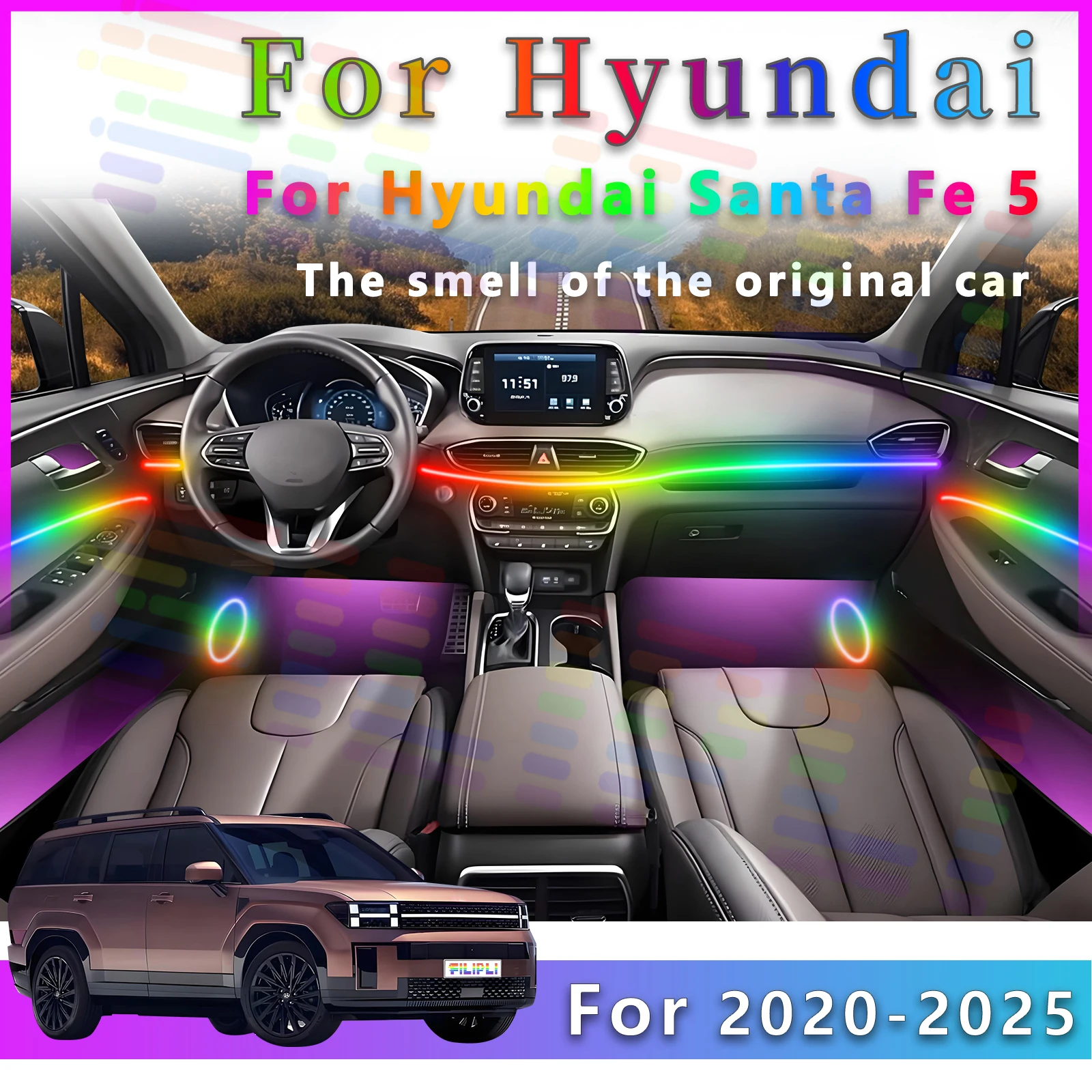 Фото Для Hyundai Santa Fe 2020-2025 TM MX5 Высококачественное скрытое оптоволоконное освещение для интерьера автомобиля RGB Scene Sync Rainbow LED №1