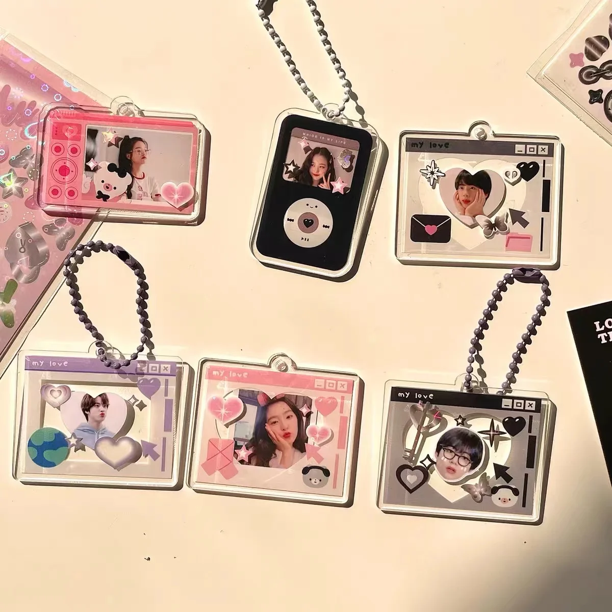 

Bear Photo Card Keychain Photo Frame DIY Ancient Card Acrylic Square Cute Idol Star Chasing with chain Pendant School Stationery