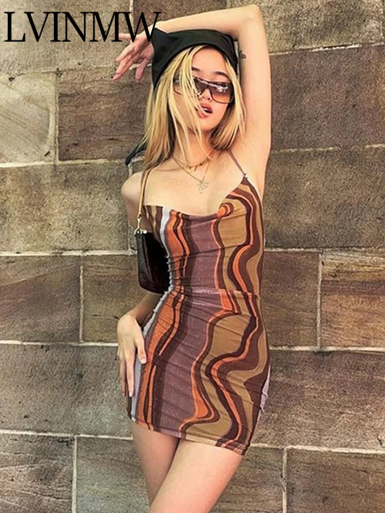 

LVINMW Summer 2022 Lace Up Y2K Sexy Dresses For Women Low Cut Backless Bodycon Party Streetwear Vintage Print Female Clothing