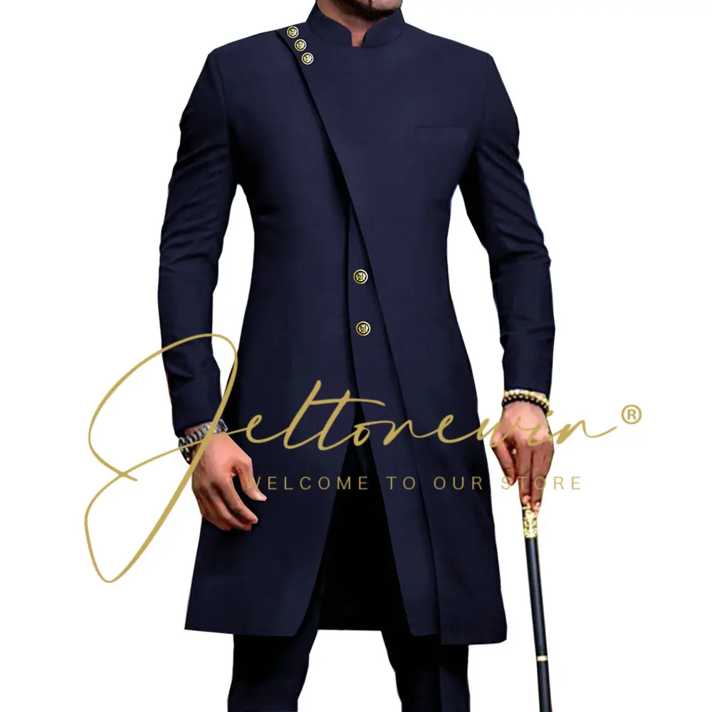 2023 African Style Stand Collar Male Navy Blue Groom Tuxedos For Wedding Costume Groomsmen Best Man Slim Fit 2 Piece Blazer Pant