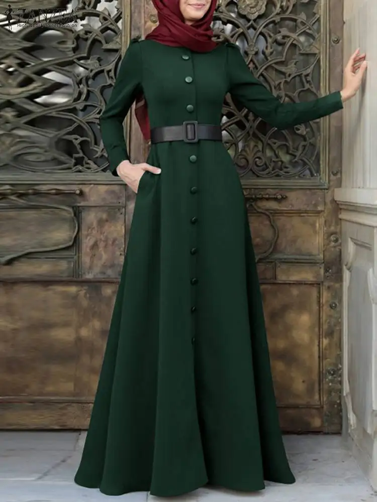 ZANZEA 2022, модный мусульманский сарафан, женское элегантное однотонное платье с длинным рукавом Marocan Caftan, винтажное платье на пуговицах, хиджаб...