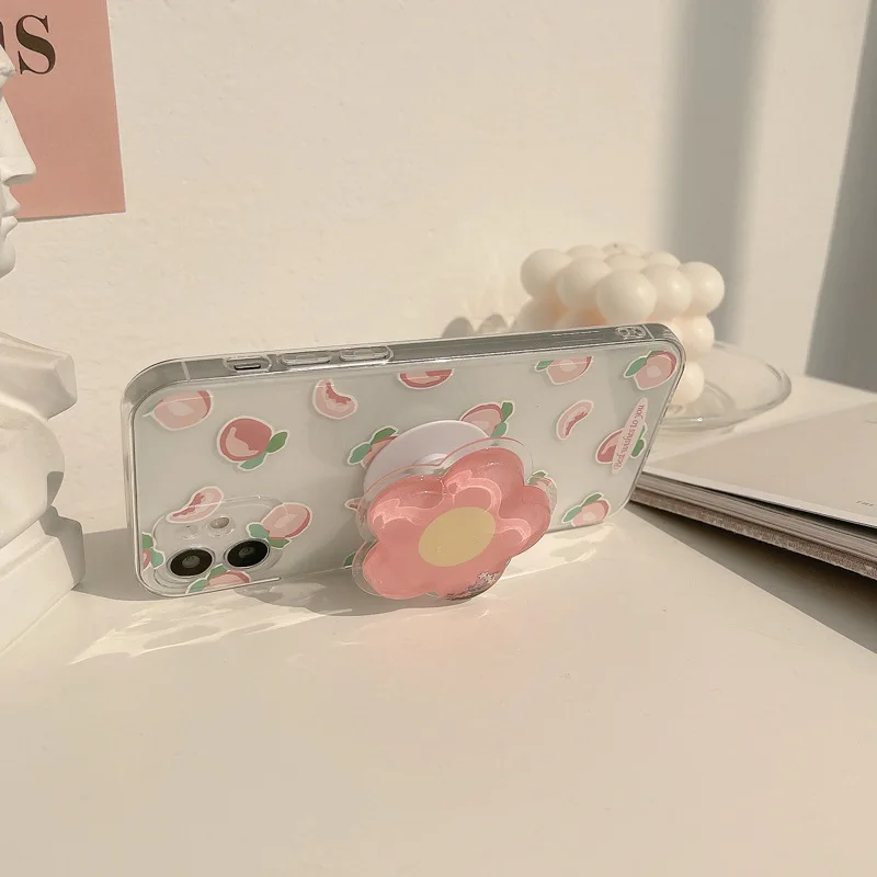 Transparent Summer Juicy Peach Phone Case For iPhone 13 12 11 Pro Max Cartoon Pink Back Cover For Apple 13Mini with Stand Holder