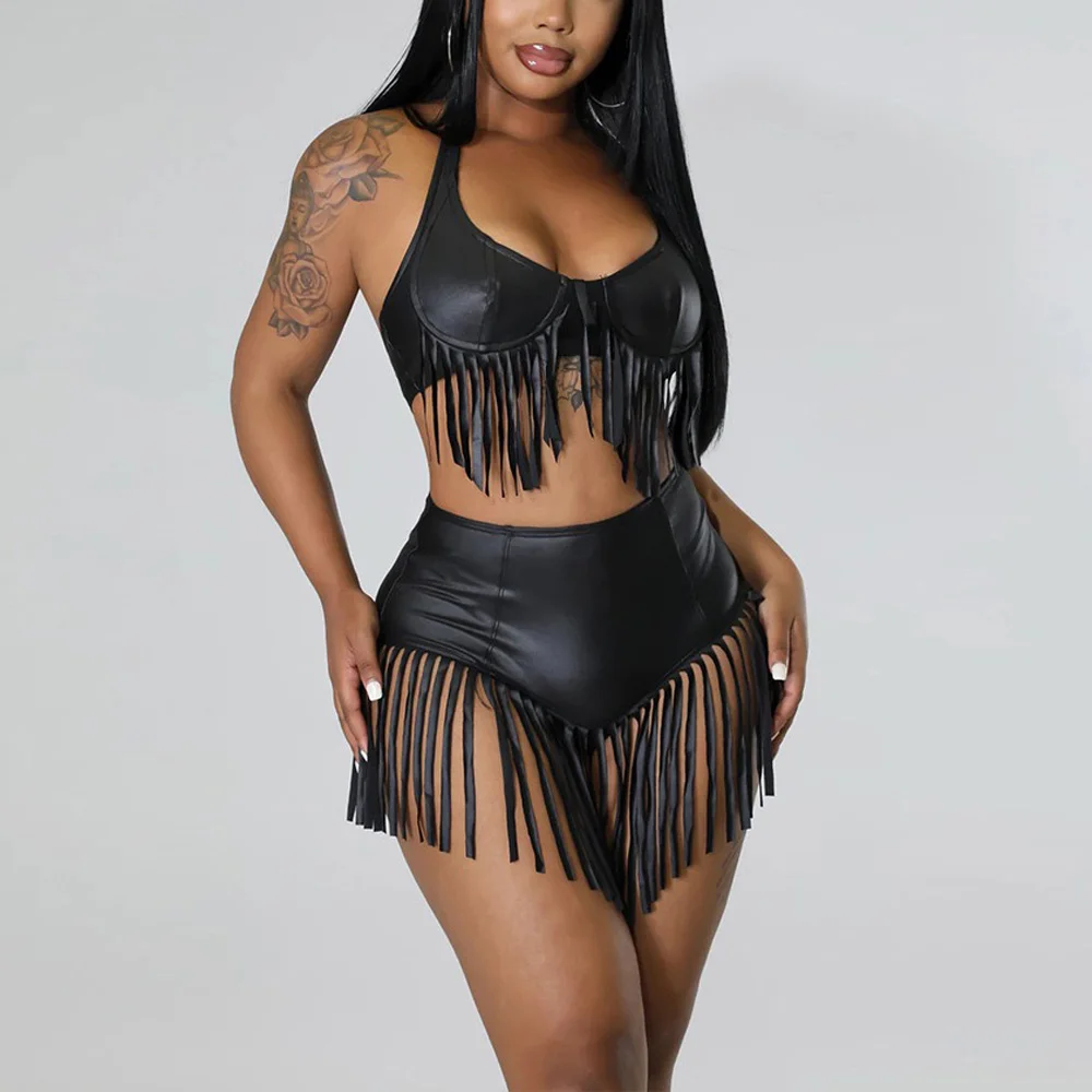 

Sexy Shorts Sets for Women PU Leather Tassel Crop Tops & Shorts Elegant Evening Night Party Club Wear Two Pieces Shorts Sets Hot