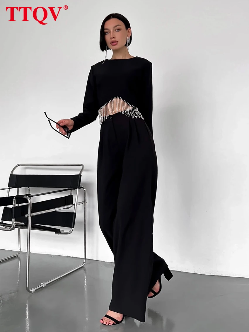 

TTQV Elegant Black Women Two Piece Outfits 2023 Casual O-neck Long Sleeve Tassel Tops And Simple High Waistd Solid Pants Sets