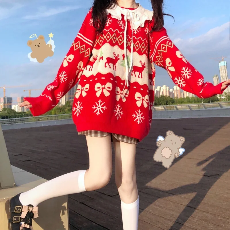 

Autumn Winter Preppy Style Kawaii O-Neck Christmas Bow Full Sleeve Elk Sweaters Knitting Pullover Xmas Red Sweater for Female