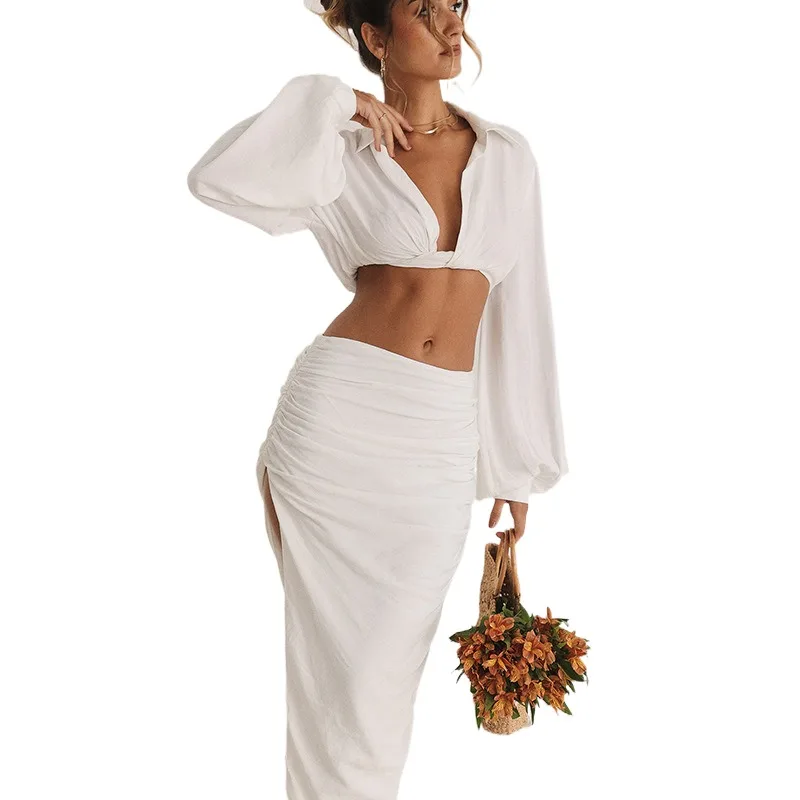 

European And American Style Autumn 2023 New Women's Long Sleeved Lapel Short Exposed Navel T-shirt Slim Fit Split Skirt Set