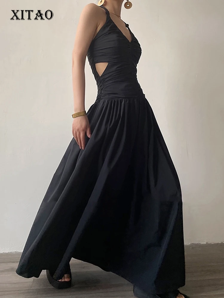 

XITAO Folds Sling Dress Hollow Out Exposed Waist Splicing V-neck Collar Sleeveless Dress Summer New Temperament Women HQQ1123