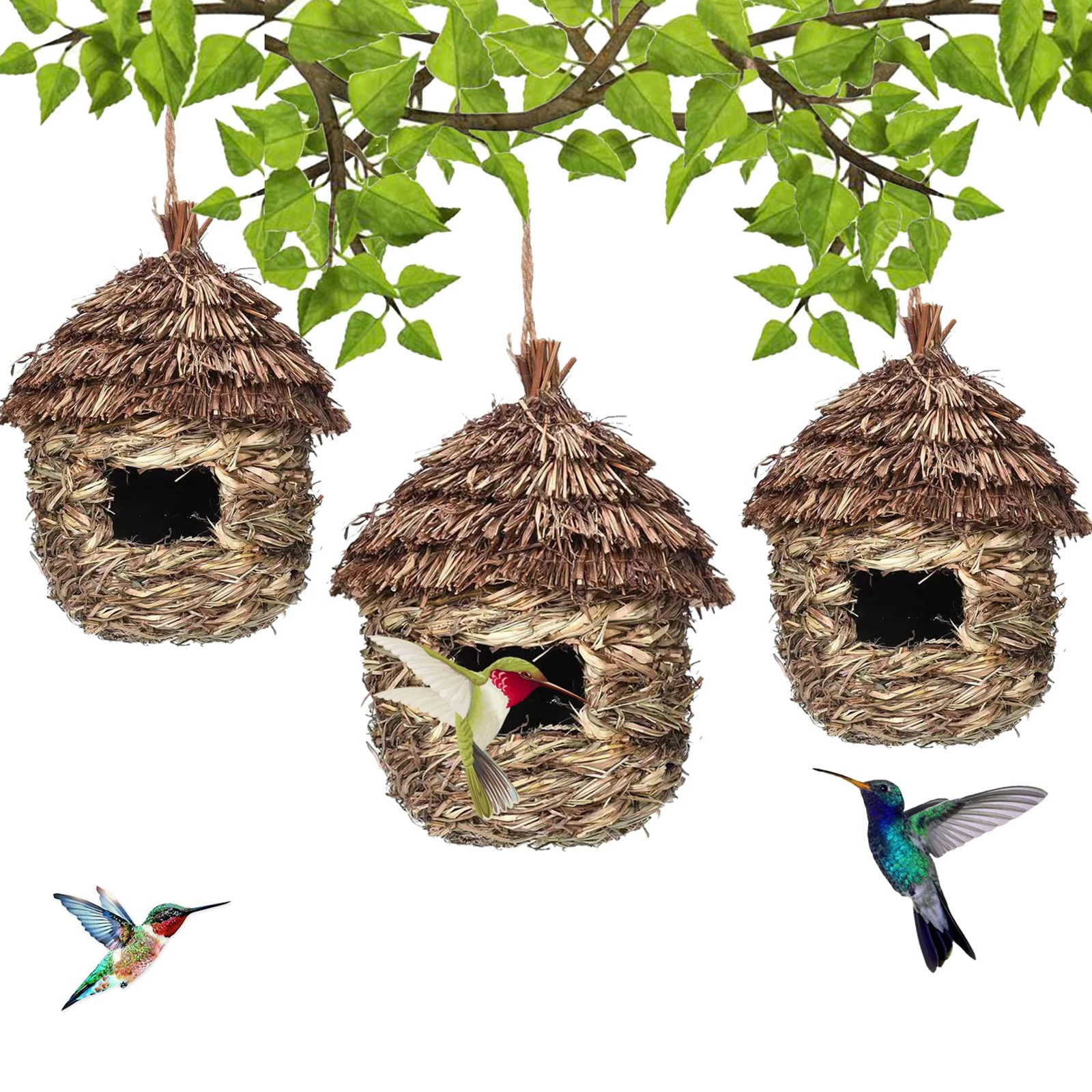 

1 Pc Charming Decorative Hummingbird House Hand-Woven Hung Straw Nest Natural Grass Hung Bird For Garden Patio Lawn Indoor