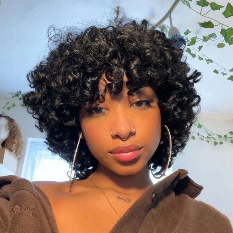 Фото Парик из натуральных волос 2026 Rose Curly Short Bob с челкой, полностью машинной работы, 250% плотность, для чернокожих женщин, бразильские волосы Remy JK753 №3