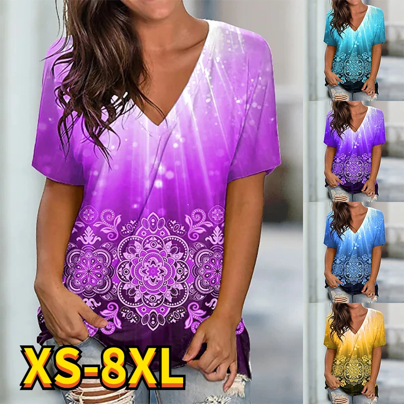

2022 New Fashion Women's T Shirt Flower Bird Patchwork Print V Neck Shirt Basic Tops White / 3D Print Pullover Plus Size 8XL