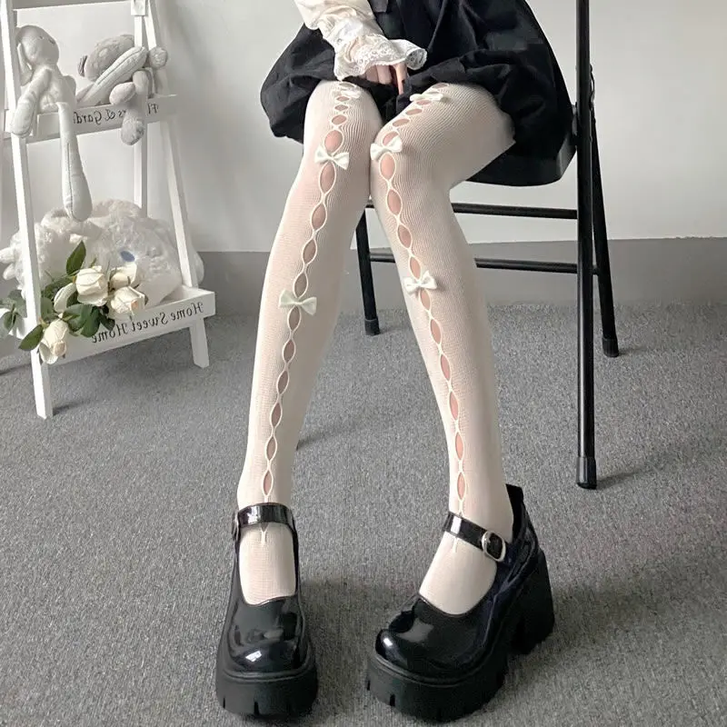 

Bowknot Hollow Out Stockings Women Cute Lolita Pantyhose Sexy Fishnet Silk Stocking Summer Thin Over Knee Black White Silk Stock