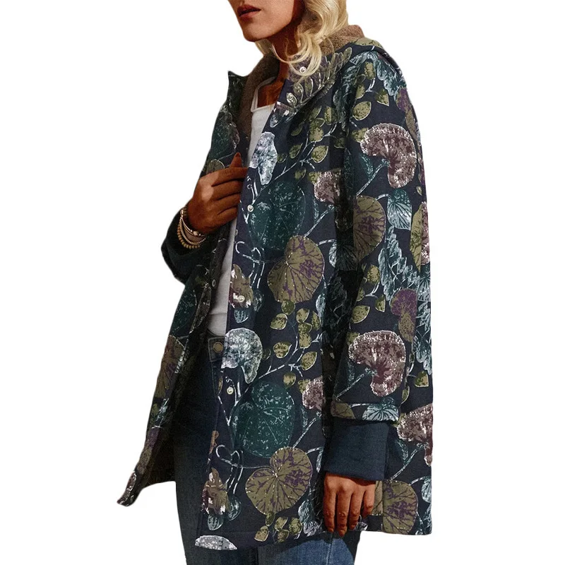 Spring and Autumn 2023 New Hooded Coat Women Zipper Plush Vintage Print Long Sleeve Medium Long Outfits Ey*