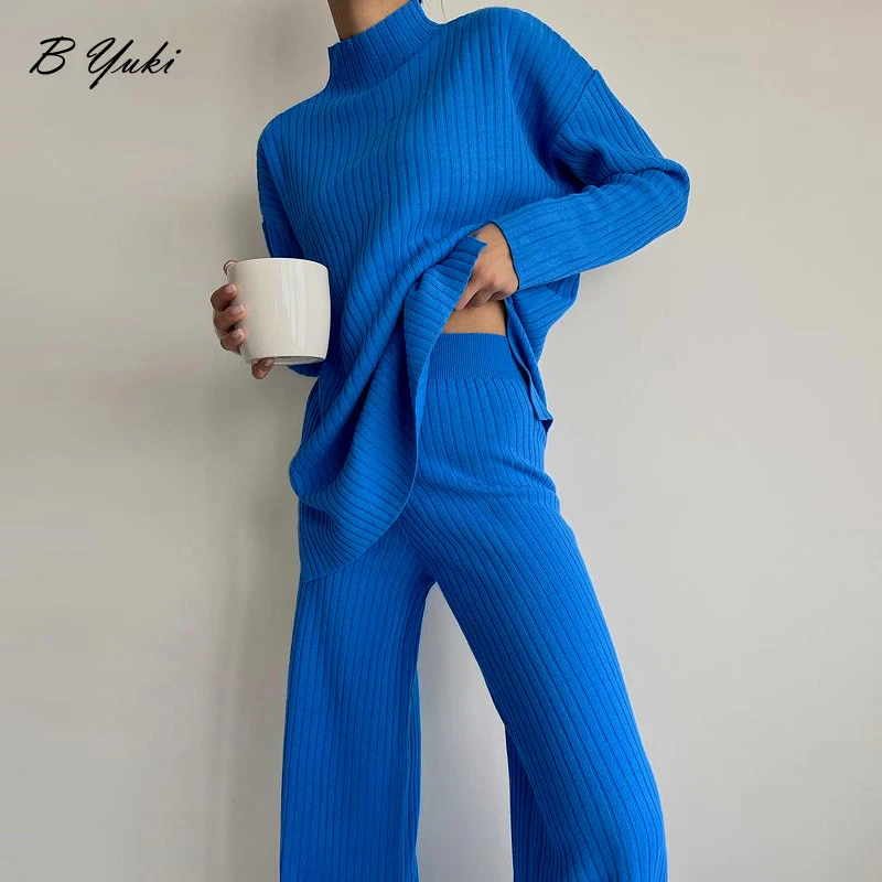 Blessyuki Rib Knitted Pullovers Sweaters Suit Women 2022 Loose Split Sweater and High Waist Pants 2 Piece Set Female Outifits