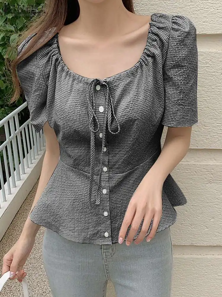 

ZANZEA Plaid Ruffled Hem Peplum Tops Crewneck Drawstring Checked Women Summer Blouses Korean Fashion Casual Short Sleeve Shirts