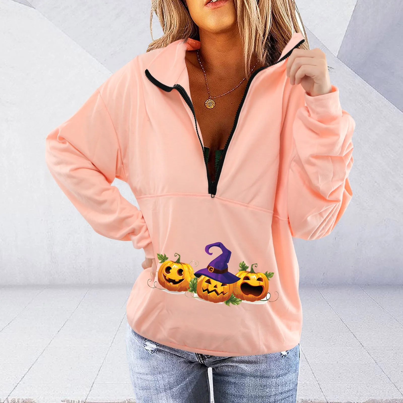 

Fashion Women Stand Collar Half Zipper Long Sleeve Thin Sweatshirts Halloween Quarter Zip Pullover Women Quarter Zip Sweatshirt